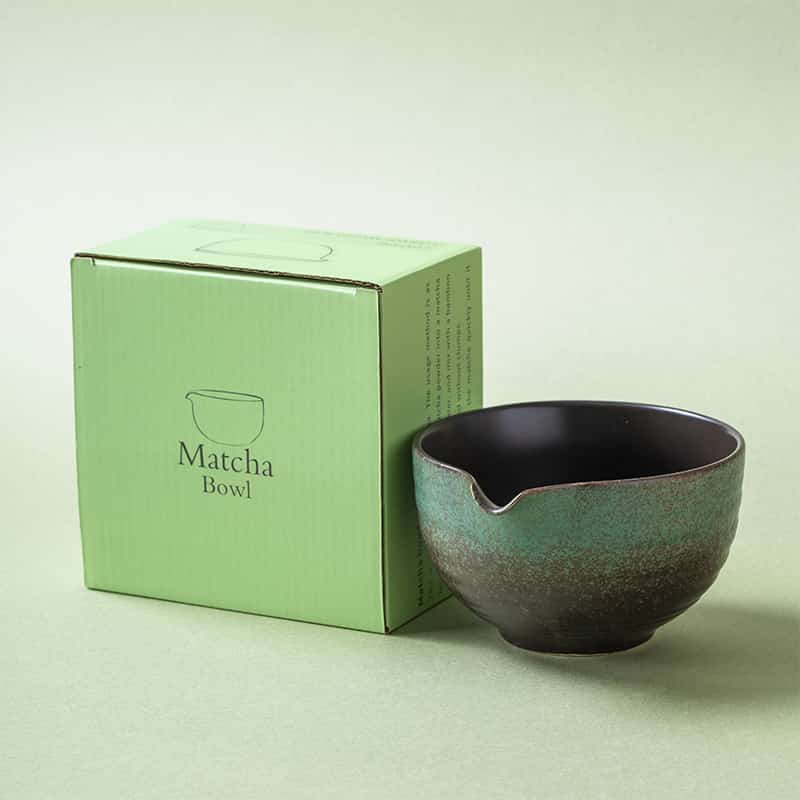 Forest green copper-oxide glaze stoneware matcha bowl (chawan) with pouring spout in gift box, Oribe-style, hand-finished.