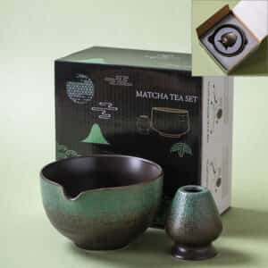 2-piece forest green copper-oxide matcha bowl and whisk holder set, Oribe-style stoneware chawan and chasen tate, premium gift box with foam insert.