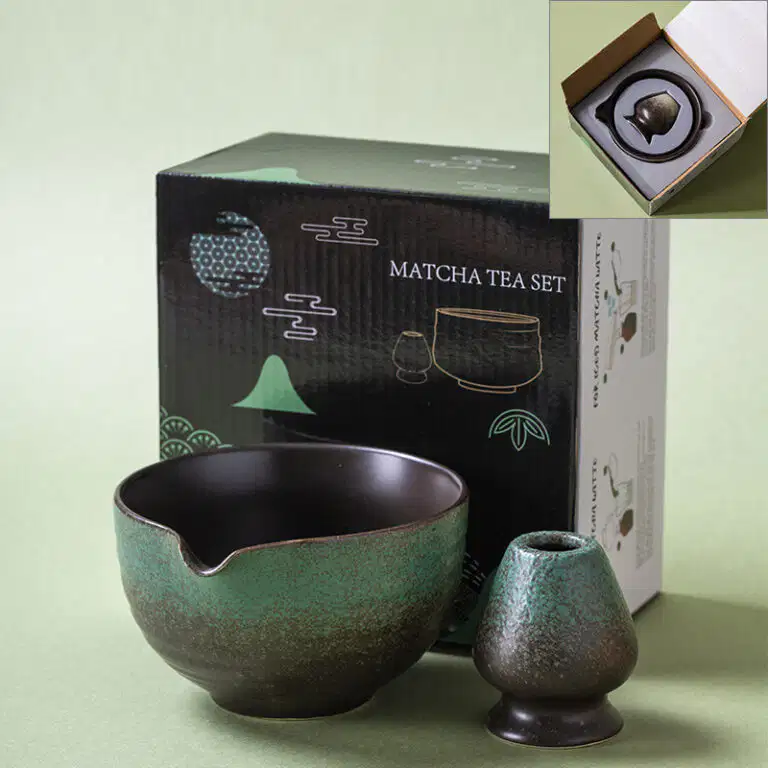 2-piece forest green copper-oxide matcha bowl and whisk holder set, Oribe-style stoneware chawan and chasen tate, premium gift box with foam insert.