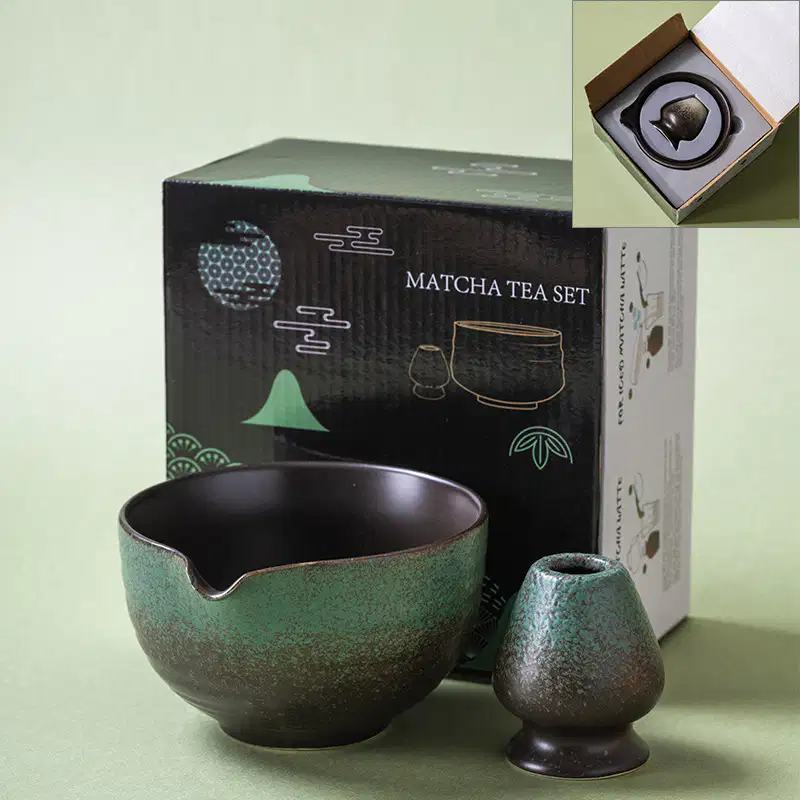 2-piece forest green copper-oxide matcha bowl and whisk holder set, Oribe-style stoneware chawan and chasen tate, premium gift box with foam insert.