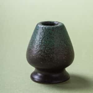 Ceramic chasen holder in forest green copper glaze for bamboo matcha whisk, Oribe-style stoneware, hand-finished
