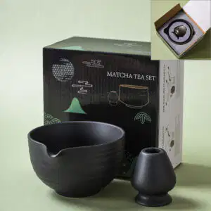 2-piece matte black matcha bowl and whisk holder set, wheel-thrown stoneware chawan and chasen tate, premium gift box with foam insert.