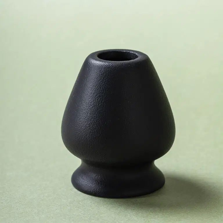 Ceramic chasen holder in matte black unglazed stoneware for bamboo matcha whisk, minimalist, hand-finished