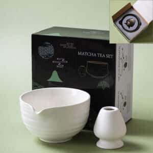 2-piece matte white matcha bowl and whisk holder set, wheel-thrown stoneware chawan and chasen tate, premium gift box with foam insert