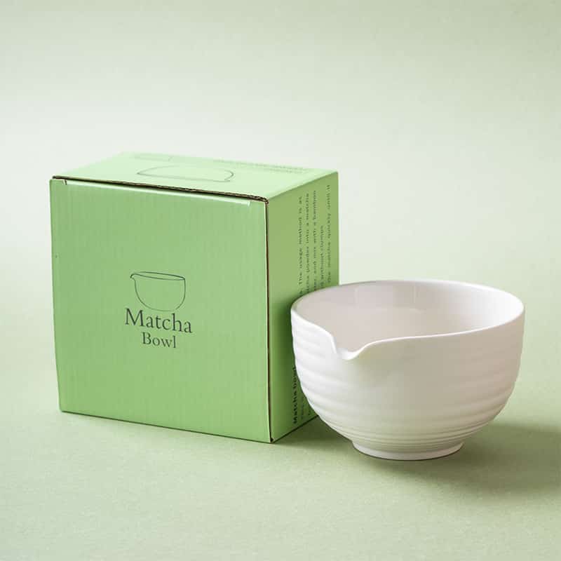 Matte white wheel-thrown stoneware matcha bowl (chawan) with throwing lines and pouring spout in gift box, hakuji style, hand-finished.