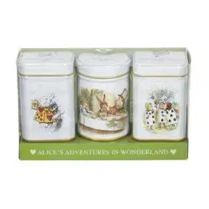 The Alice In Wonderland - Classic - Triple Mini Tin Gift Pack (2X 25G + 1X 20G Loose Tea) features three delightful tins with whimsical illustrations, perfect for storing loose tea. They come in an elegant green box labeled 
