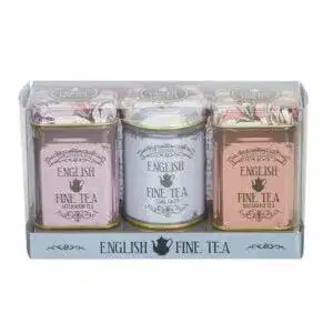 The Vintage Floral - Triple Mini Tin Gift Pack includes three tins of English Fine Tea: Afternoon, Earl Grey, and Breakfast. Encased in a clear box with vintage floral designs, this set adds an elegant touch to your tea collection.
