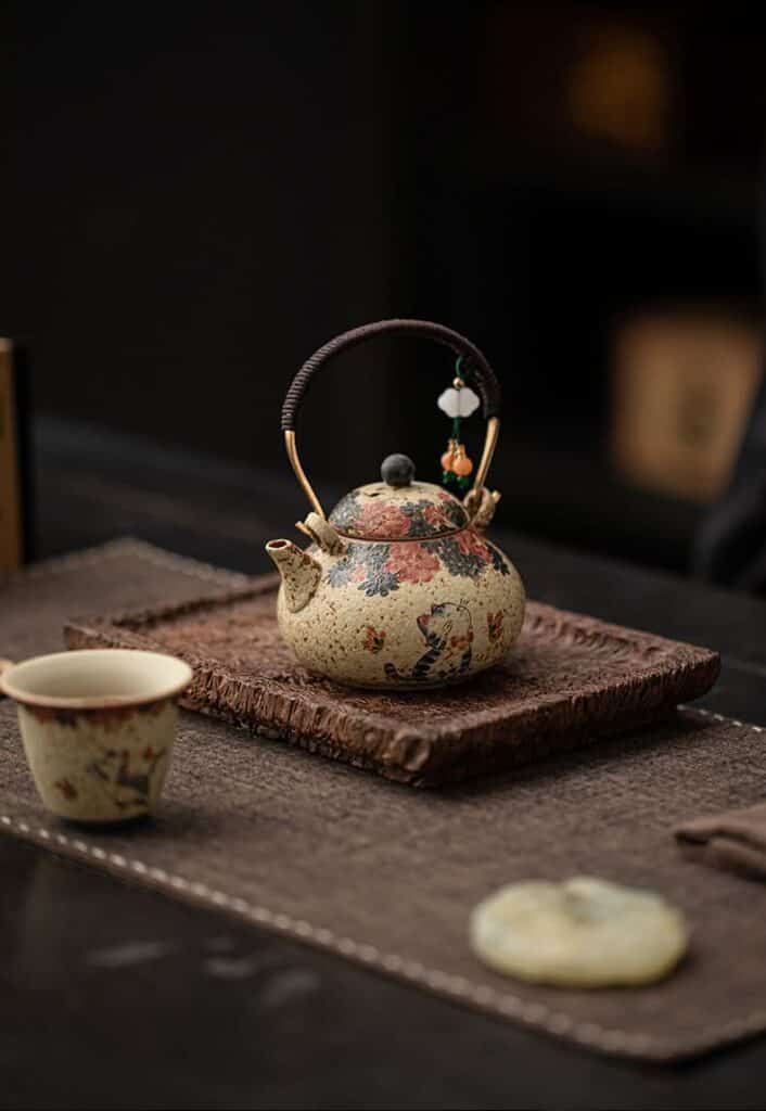 The Whiskers & Blooms Hand-Painted Red Clay Ceramic Teapot-for-One (150ml) with matching cup rests on a textured tray atop a dark table, showcasing elegant floral patterns and a beaded ornament accenting the handle.