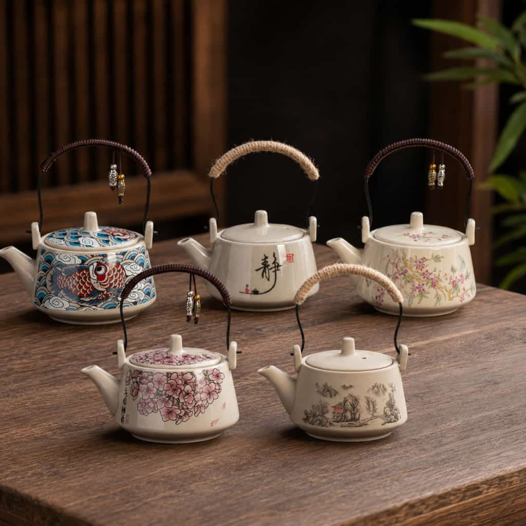 Five ceramic teapots with various floral and fish designs are arranged on a wooden table, each featuring a curved handle with beaded decorations. Among them, the Painted Journey Teapot and the striking Koi Waves Teapot stand out, each exquisitely crafted in a 240ml teapot size—perfect for serving tea with style and elegance.