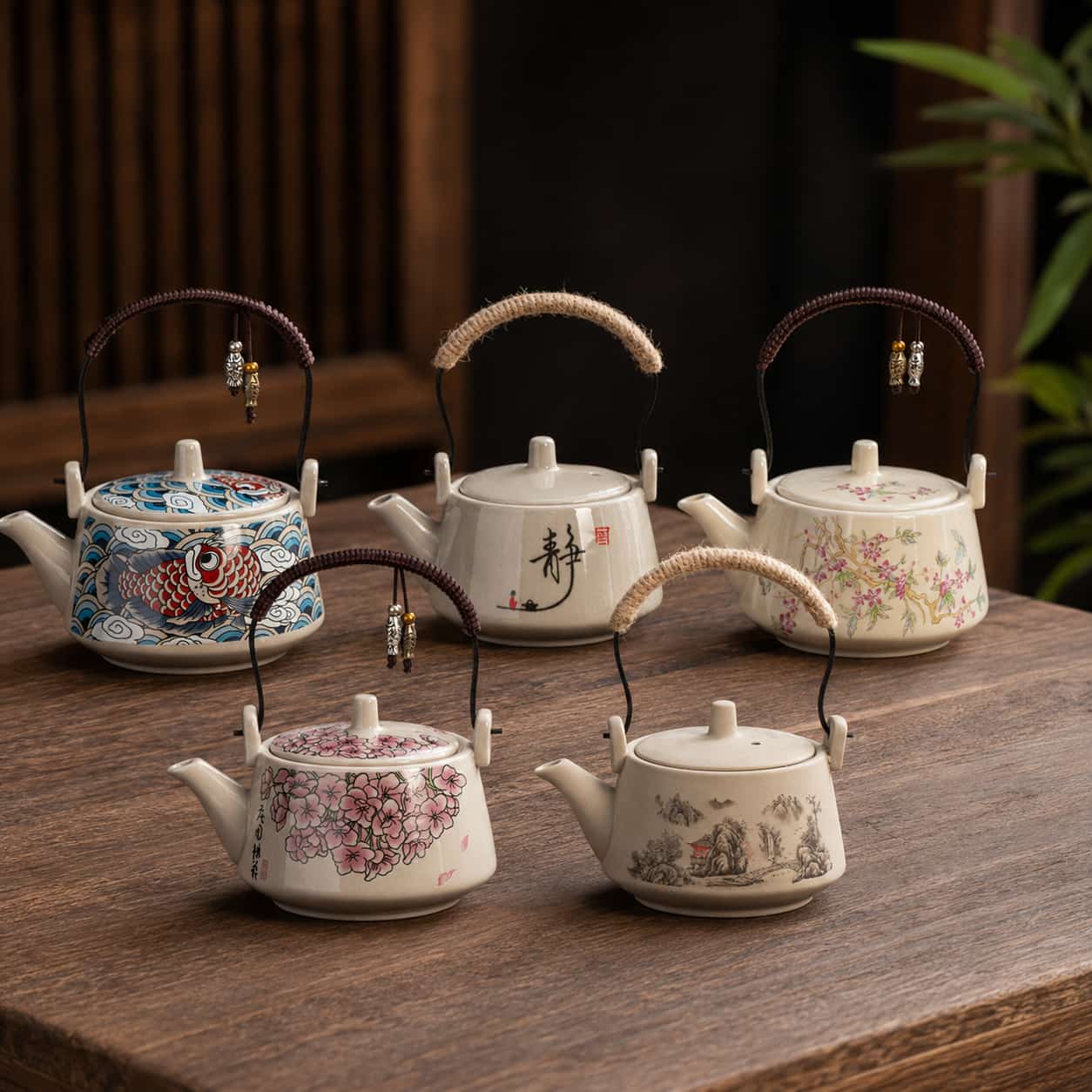 Five ceramic teapots with various floral and fish designs are arranged on a wooden table, each featuring a curved handle with beaded decorations. Among them, the Painted Journey Teapot and the striking Koi Waves Teapot stand out, each exquisitely crafted in a 240ml teapot size—perfect for serving tea with style and elegance.