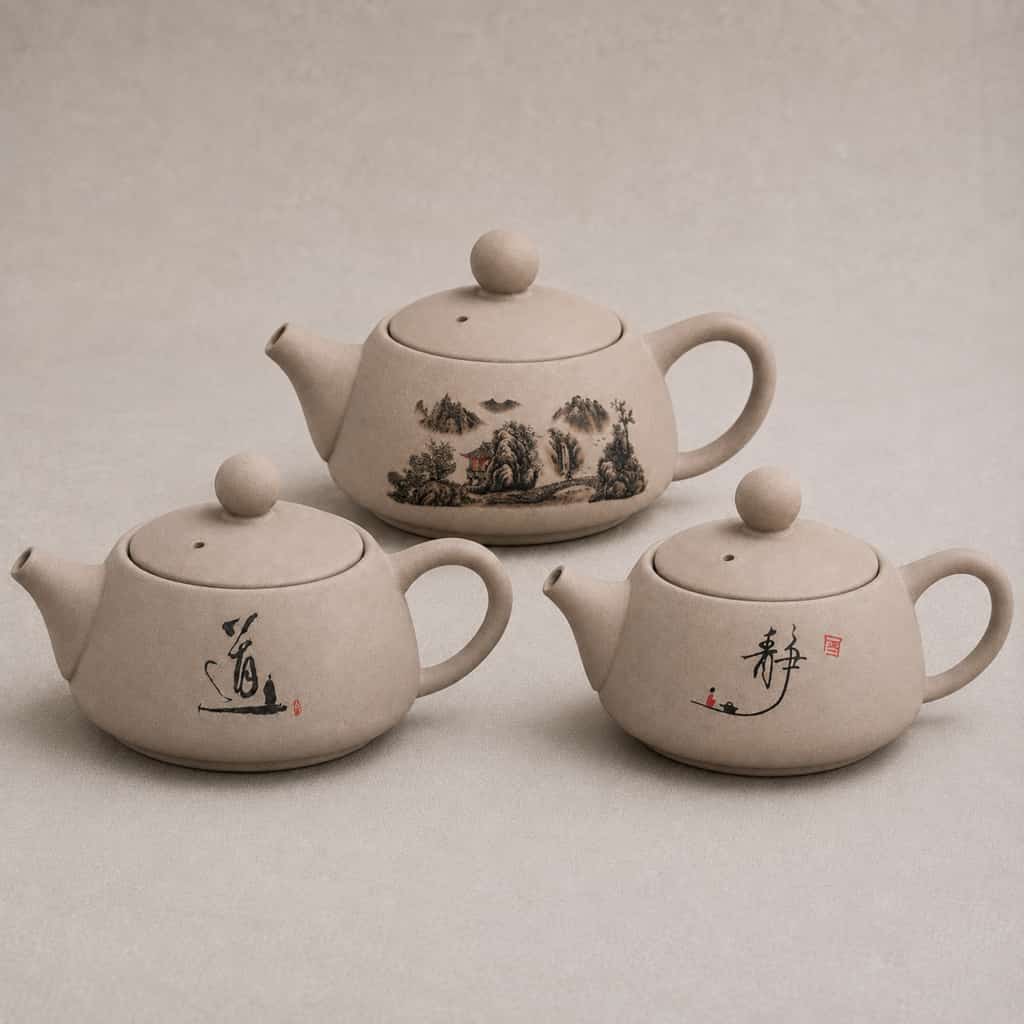 Three Quiet Moments Personal Teapot – 180ml - Tea-for-one sets, each in beige ceramic with painted black designs and Chinese characters, are arranged on a neutral background.