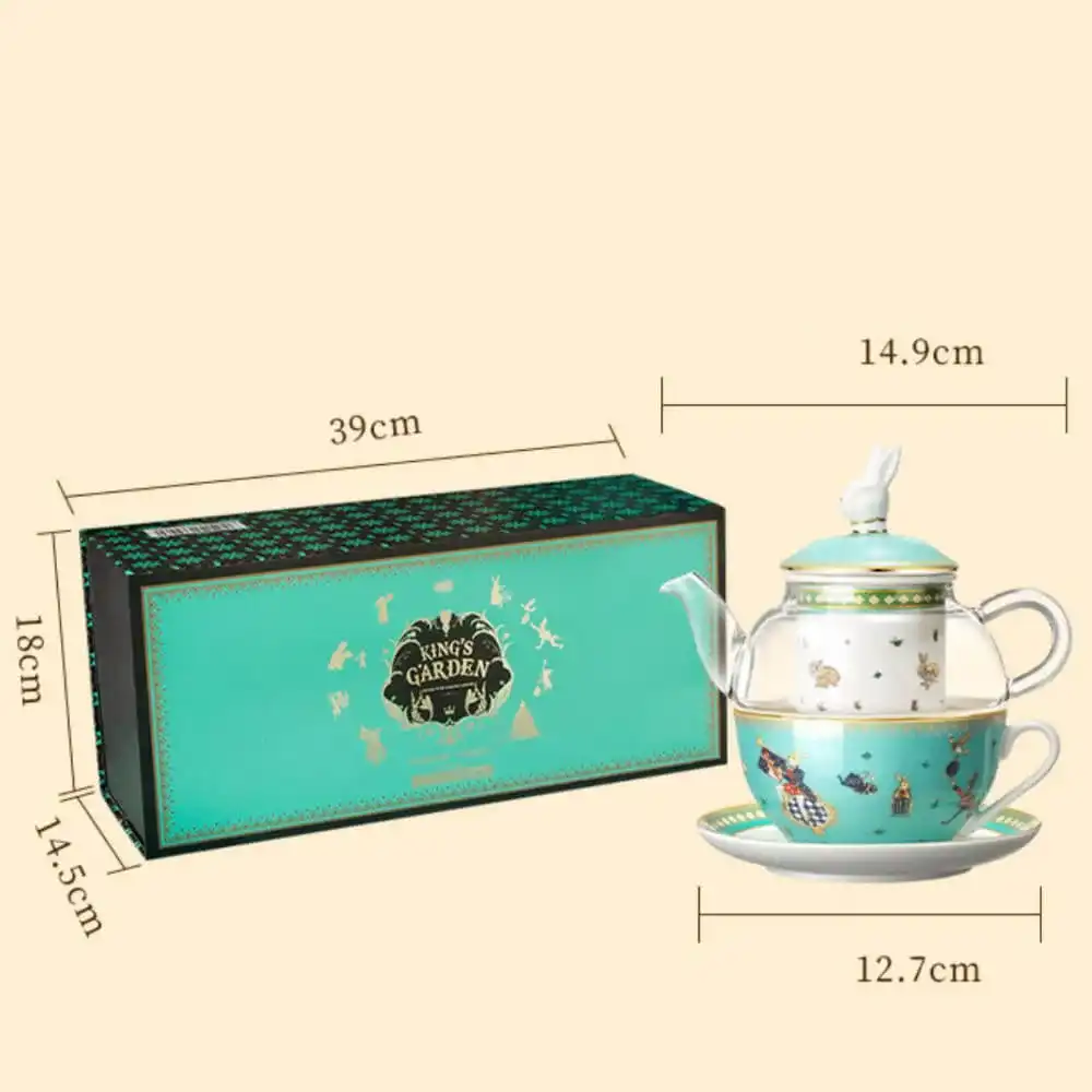 Turquoise tea set with floral designs, teapot stacked on a cup, next to a matching box labeled 