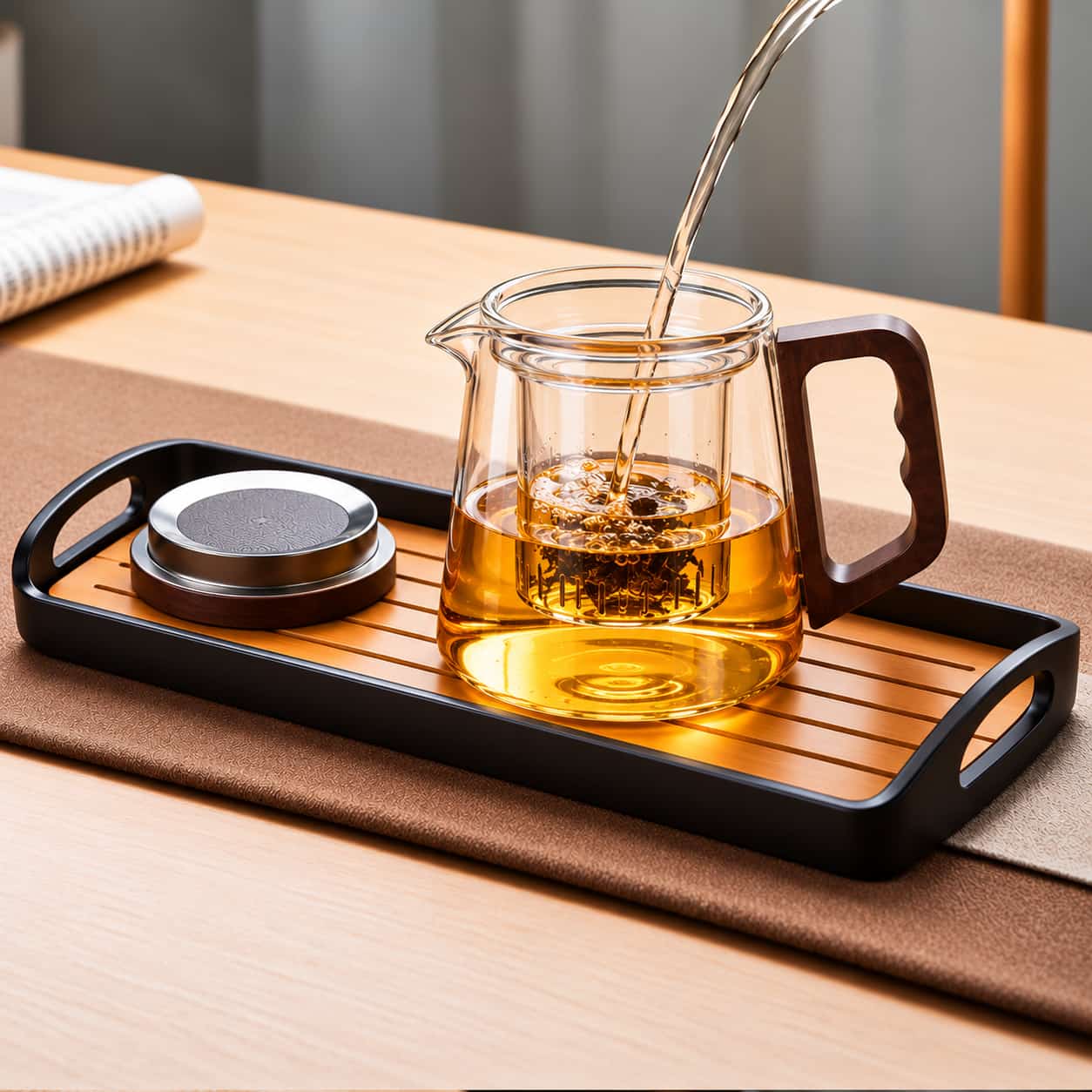Tea being poured into a borosilicate glass teapot with a wooden handle and an internal infuser, set on a wooden serving tray.
