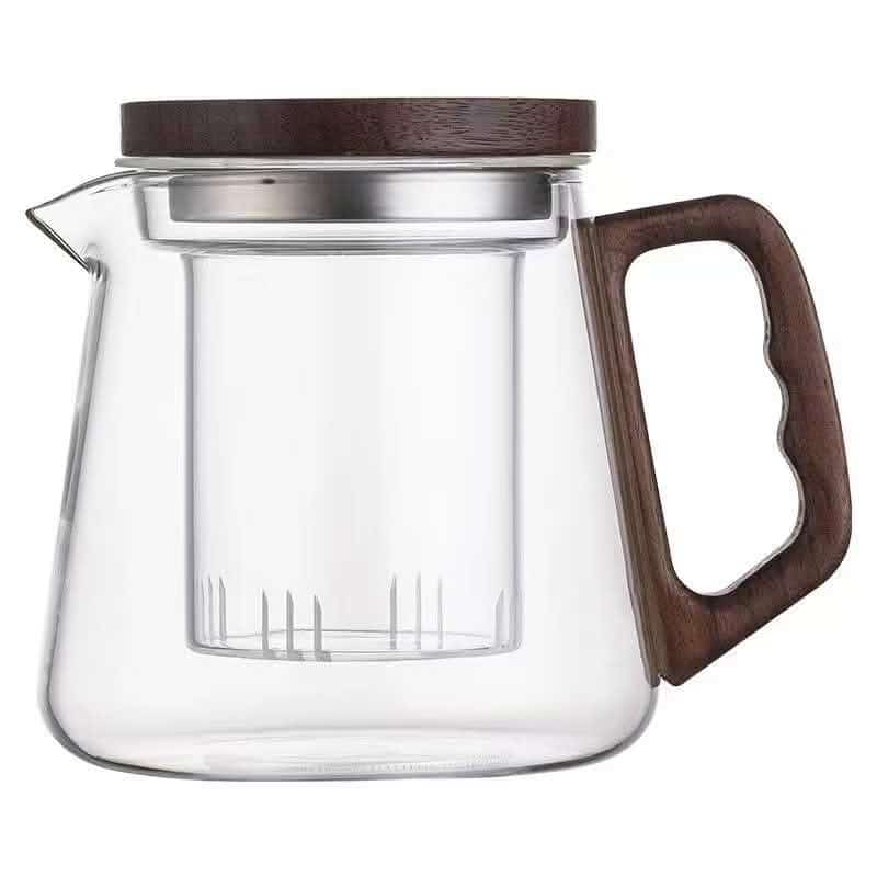 Borosilicate glass teapot with a removable strainer, walnut handle, and wooden lid.