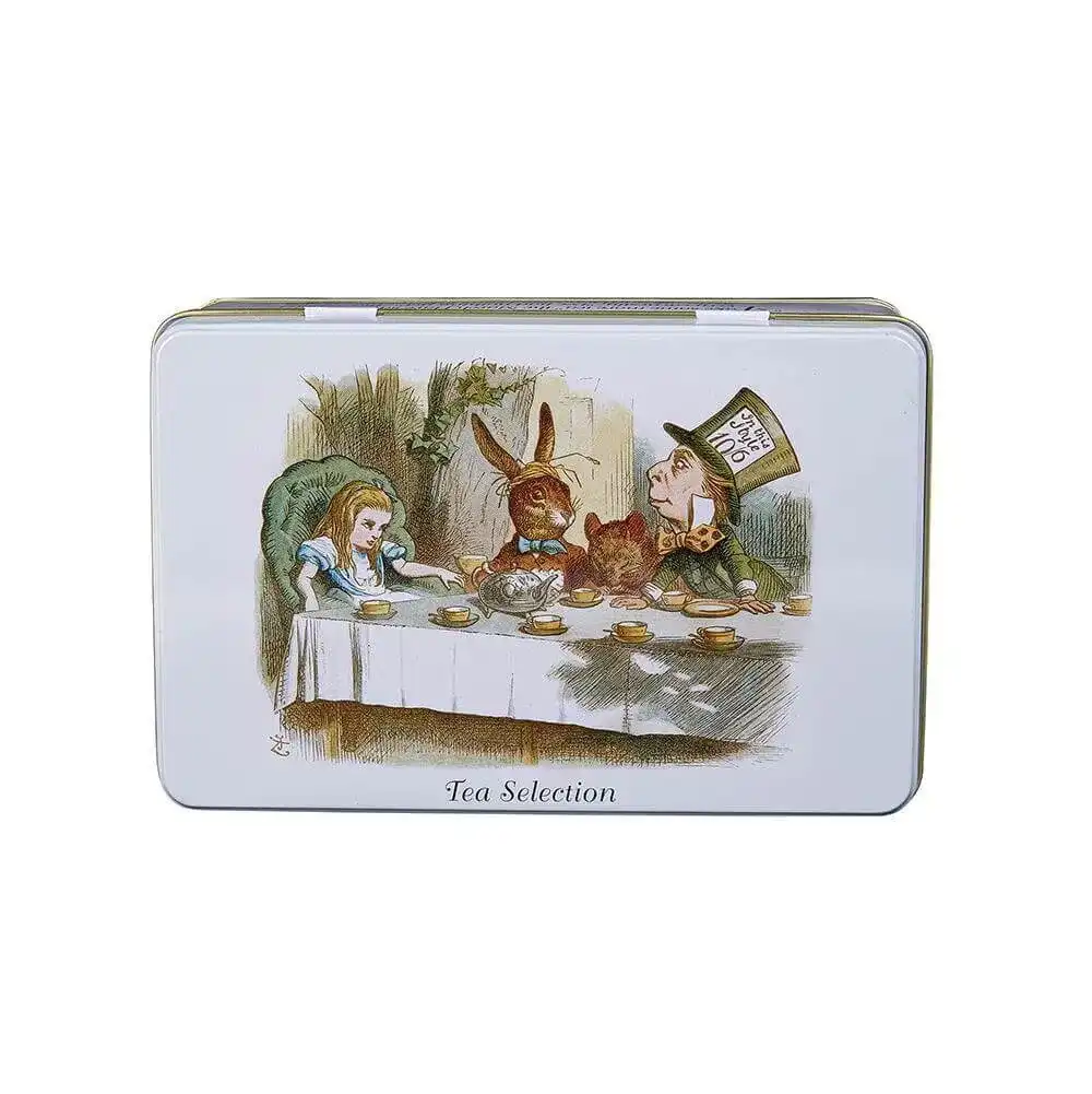 A rectangular tin features a classic illustration of Alice, the March Hare, and the Hatter at their whimsical tea party. With the text 