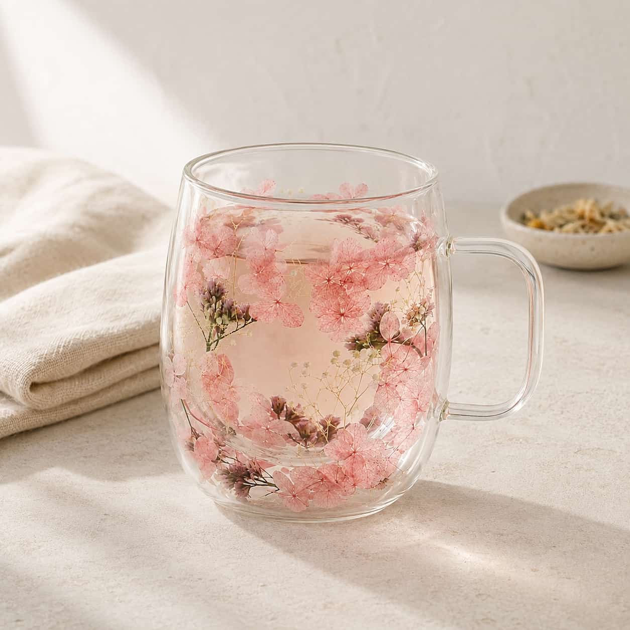 A clear 400ml Pressed Flower Double-Walled Tea Glass, filled with light pink floral tea, sits on a beige surface near a folded cloth and a small dish of dried flowers, highlighting the elegant design of these double-walled tea glasses inspired by the beauty of pressed flowers.