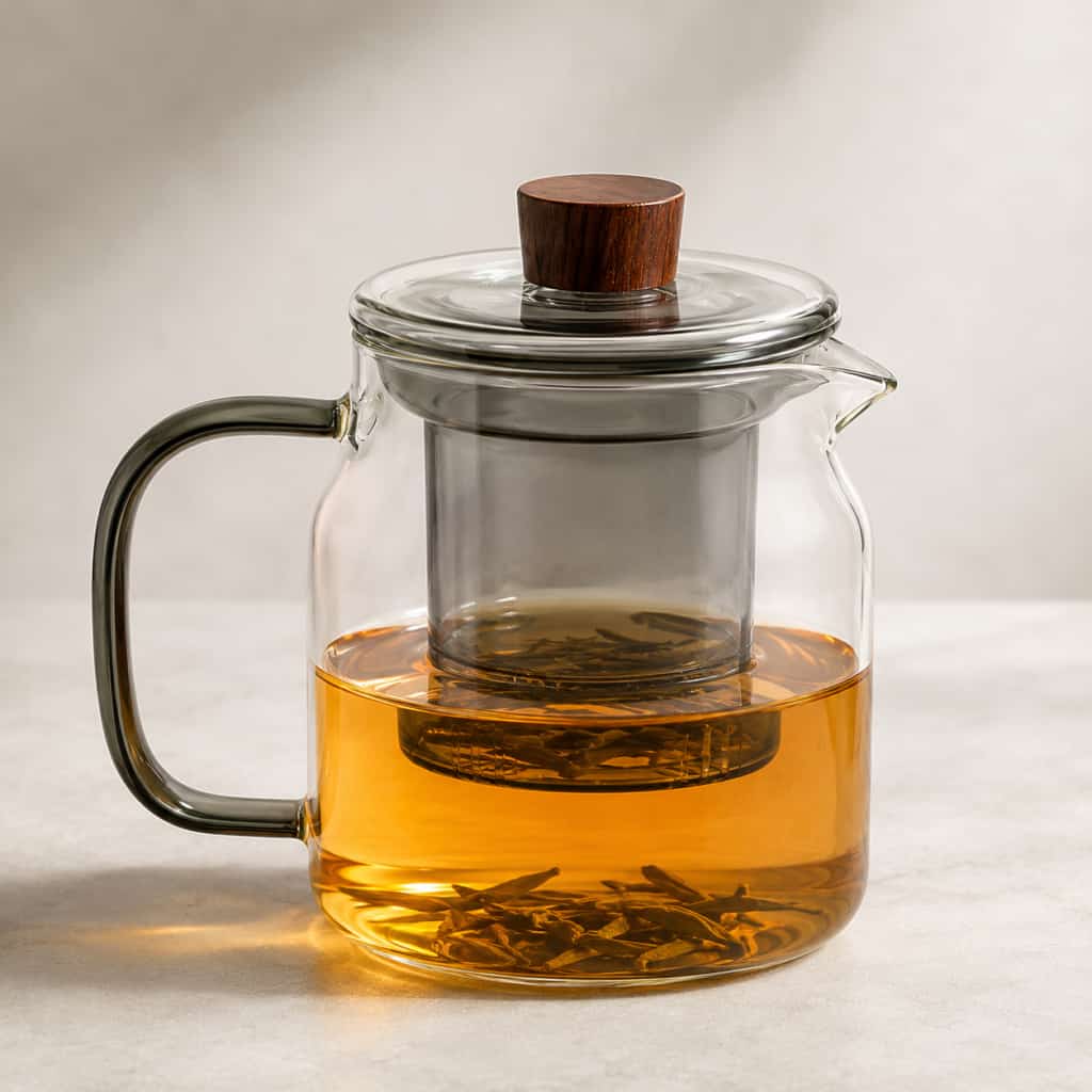 A Moya Glass Infuser Teapot with Wooden Lid Detail – 960ml sits on a light-coloured surface, brewing tea leaves in its built-in infuser.