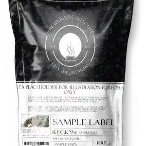 Explore our Almond Cherry Rooibos Tea packaging with decorative icons and sections for region, best before date, and weight (100g). Enjoy a unique twist with a hint of cherry flavor.