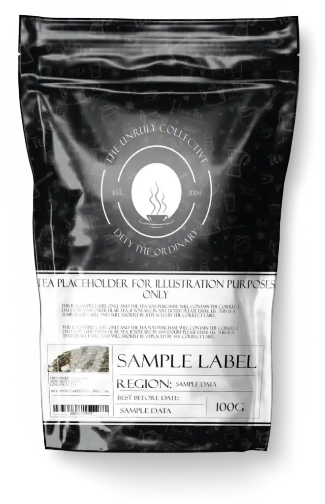 Explore our Almond Cherry Rooibos Tea packaging with decorative icons and sections for region, best before date, and weight (100g). Enjoy a unique twist with a hint of cherry flavor.