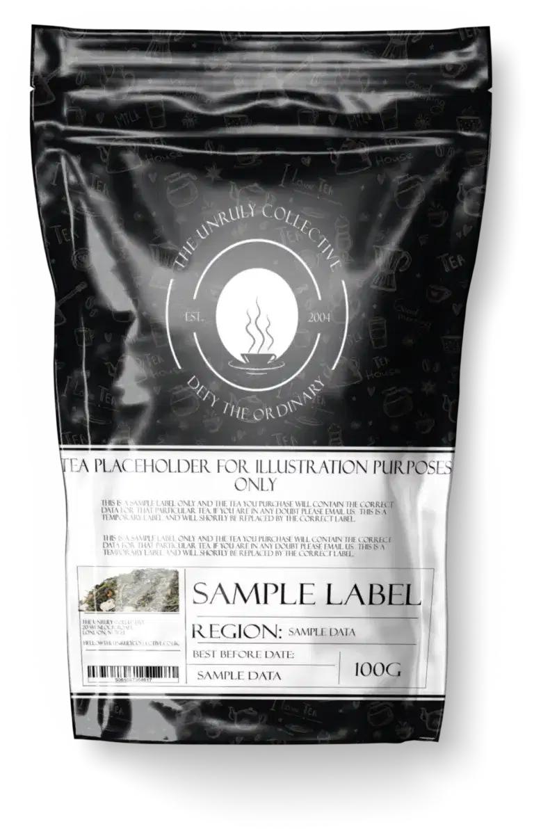 Explore our Almond Cherry Rooibos Tea packaging with decorative icons and sections for region, best before date, and weight (100g). Enjoy a unique twist with a hint of cherry flavor.