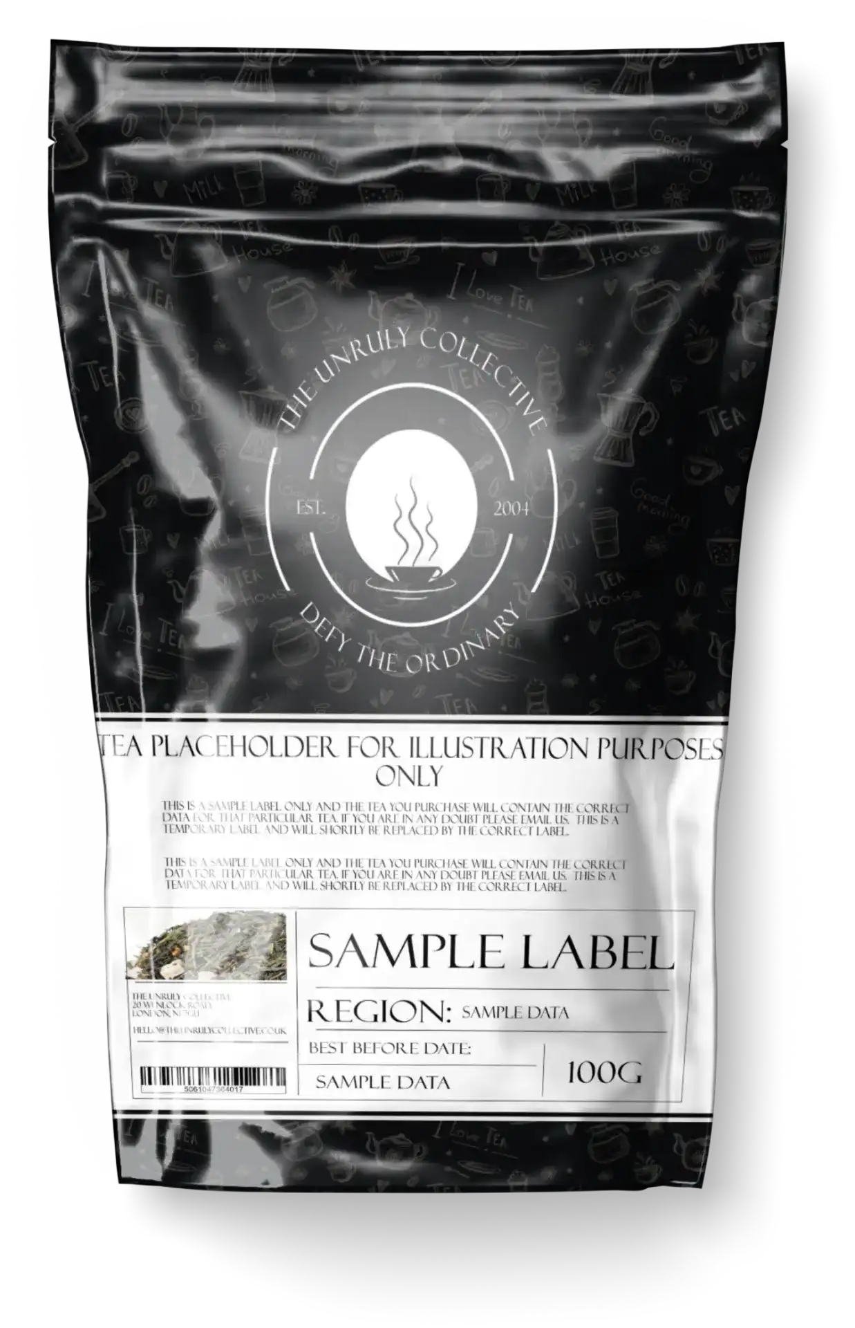 Explore our Almond Cherry Rooibos Tea packaging with decorative icons and sections for region, best before date, and weight (100g). Enjoy a unique twist with a hint of cherry flavor.