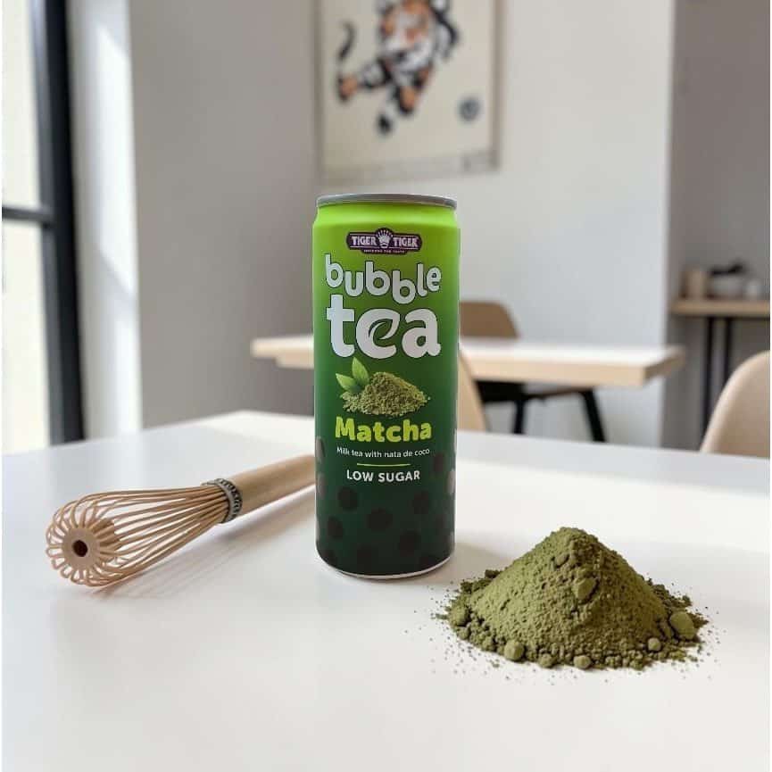 A can of Tiger Tiger bubble tea matcha flavor is placed on a table alongside a bamboo whisk and a mound of matcha powder, with chairs and a wall painting in the background.