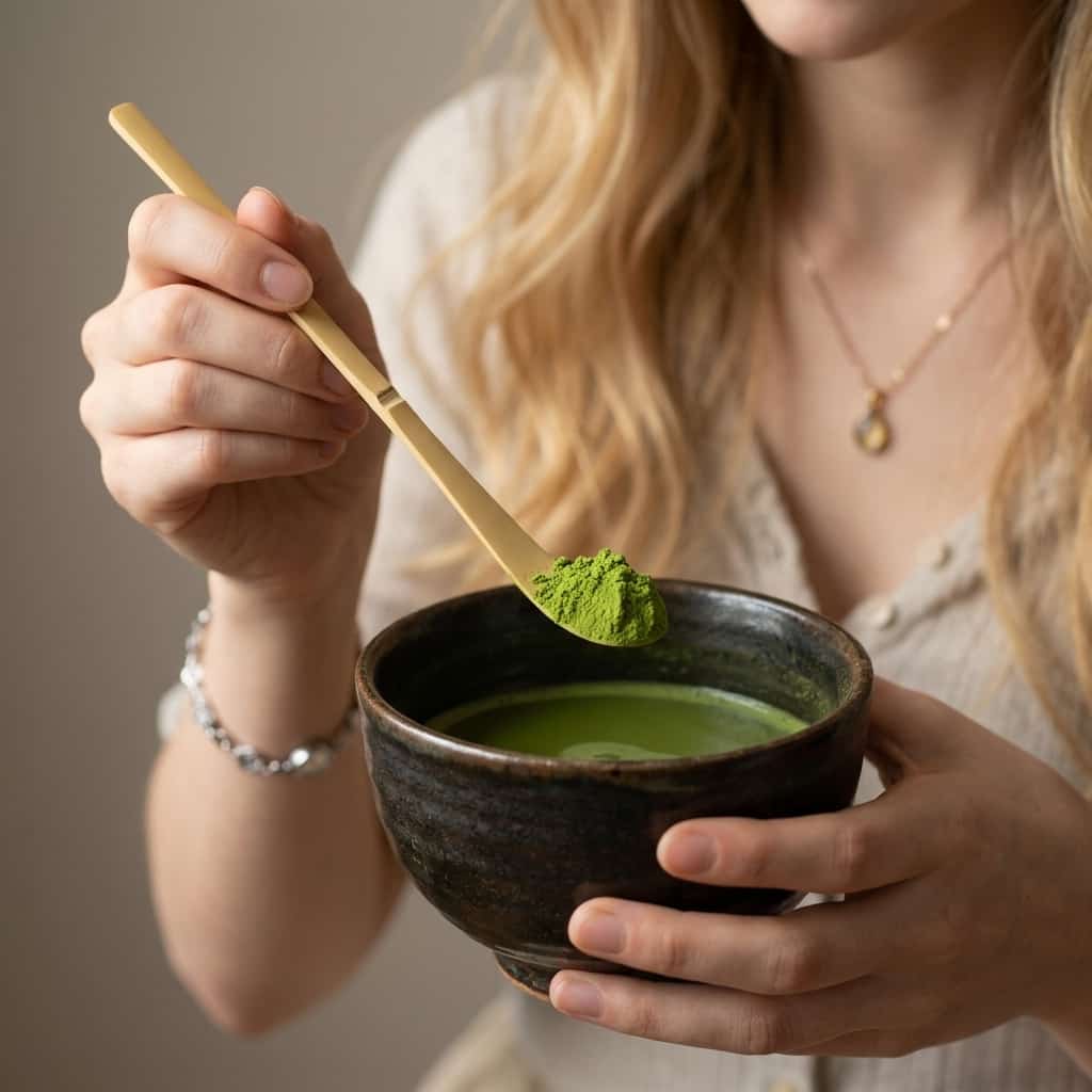 A person uses a Bamboo Matcha Scoop - Chashaku x 2 to add vibrant green matcha powder to a bowl of tea.