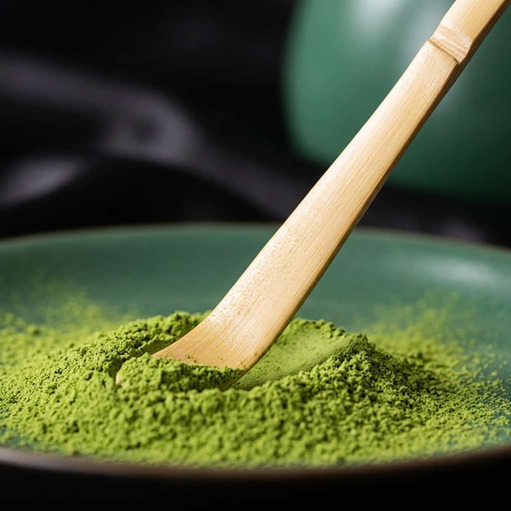 The Bamboo Matcha Scoop - Chashaku x 2 is shown resting in a mound of vibrant green matcha powder on a green plate, with a blurred green object in the background.