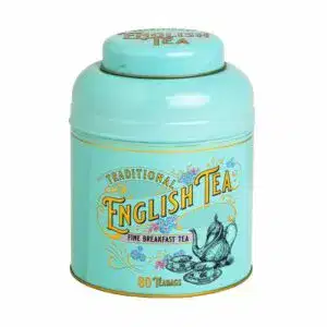 The Vintage Victorian teal tin, labeled 