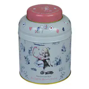 The Alice In Wonderland - Traditional (Pink) 80 Teabag Tin of English Breakfast Tea is adorned with whimsical Wonderland and playing card designs, featuring a pink lid and white body, perfect for enjoying the fantasy of Wonderland with every sip.
