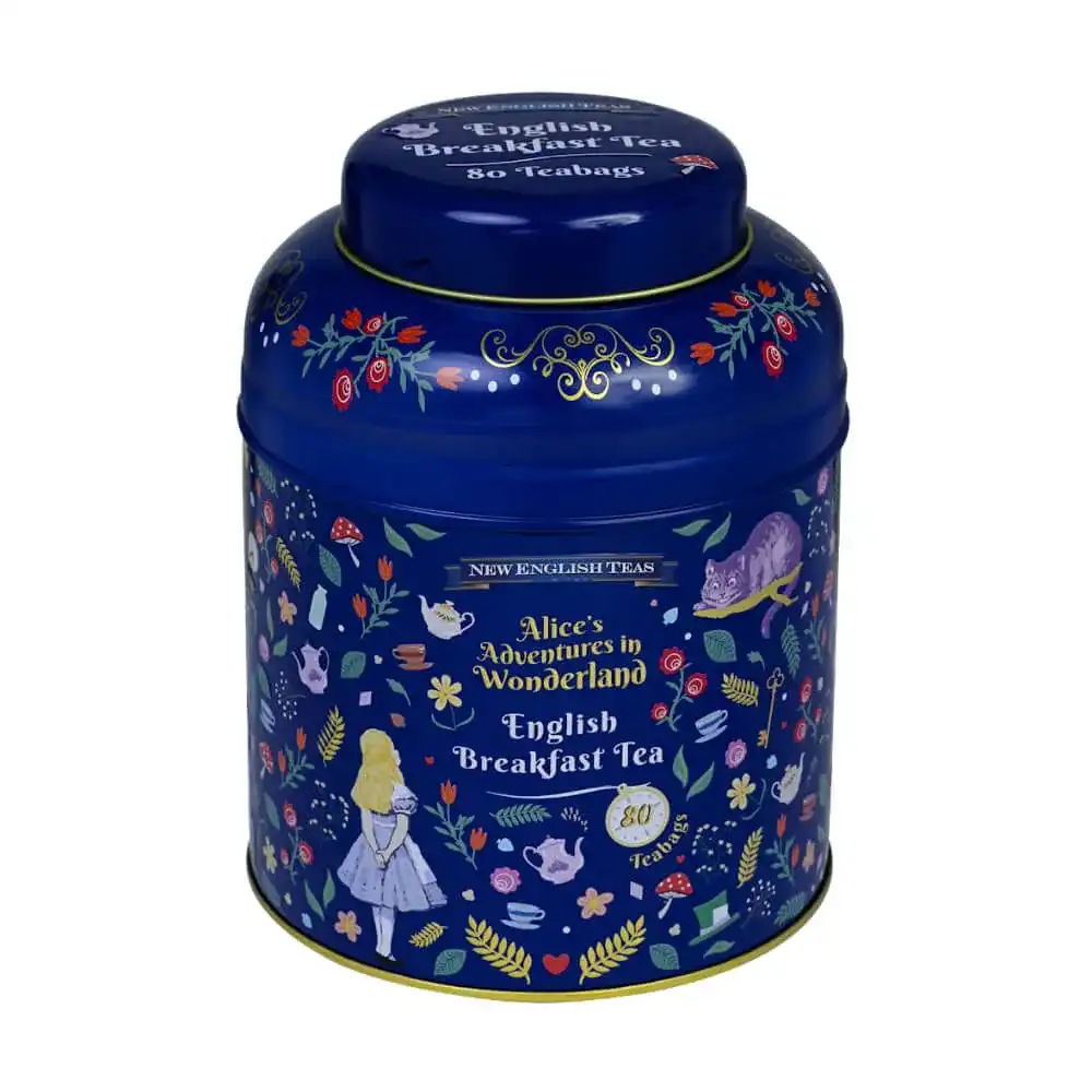 Alice In Wonderland-themed English Breakfast Tea comes in a whimsical blue tin titled 