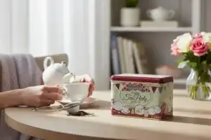 A person pours tea into a cup at a table with a tin labeled “English Tea Party,” a tea strainer, loose tea leaves, and a vase of pink and white roses.