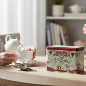 A person pours tea into a cup at a table with a tin labeled “English Tea Party,” a tea strainer, loose tea leaves, and a vase of pink and white roses.