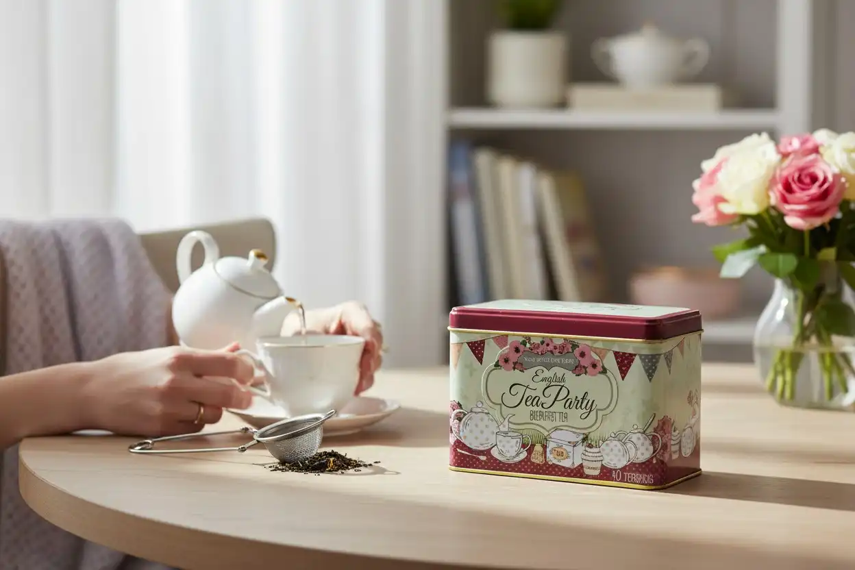 A person pours tea into a cup at a table with a tin labeled “English Tea Party,” a tea strainer, loose tea leaves, and a vase of pink and white roses.