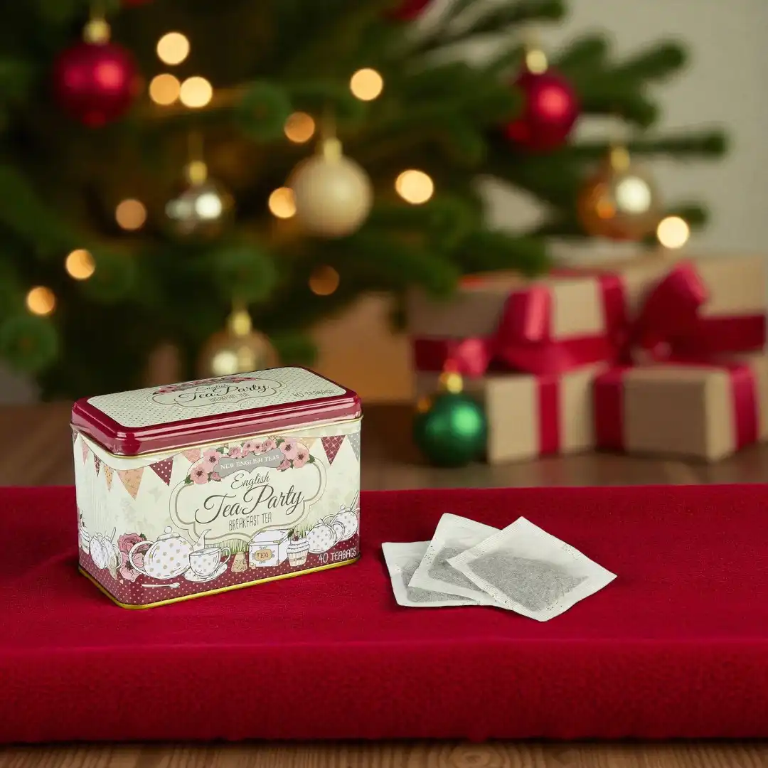 The English Tea Party Red 40 Teabag Tin, labeled