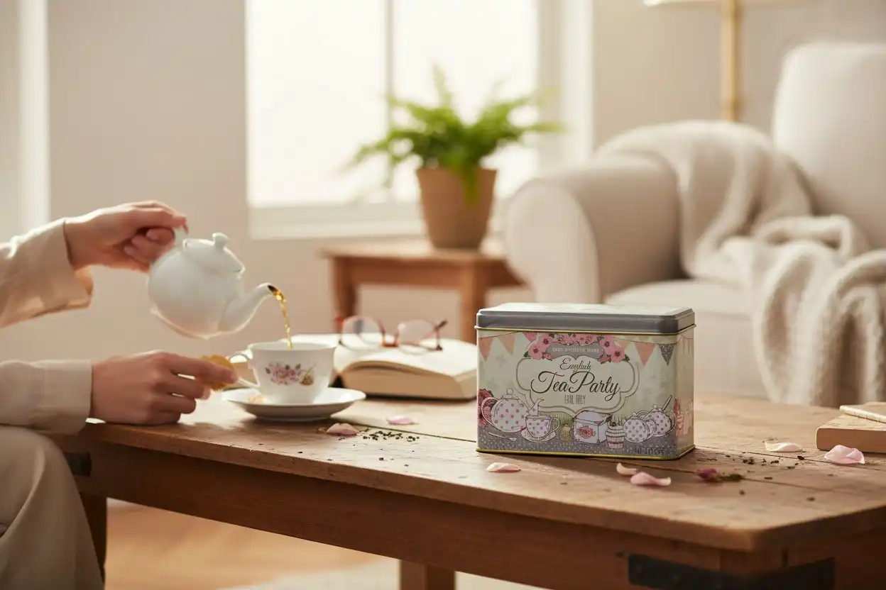 A person pours tea from a white teapot into a teacup on a wooden table with a decorative tea tin, scattered petals, an open book, and a pair of eyeglasses.