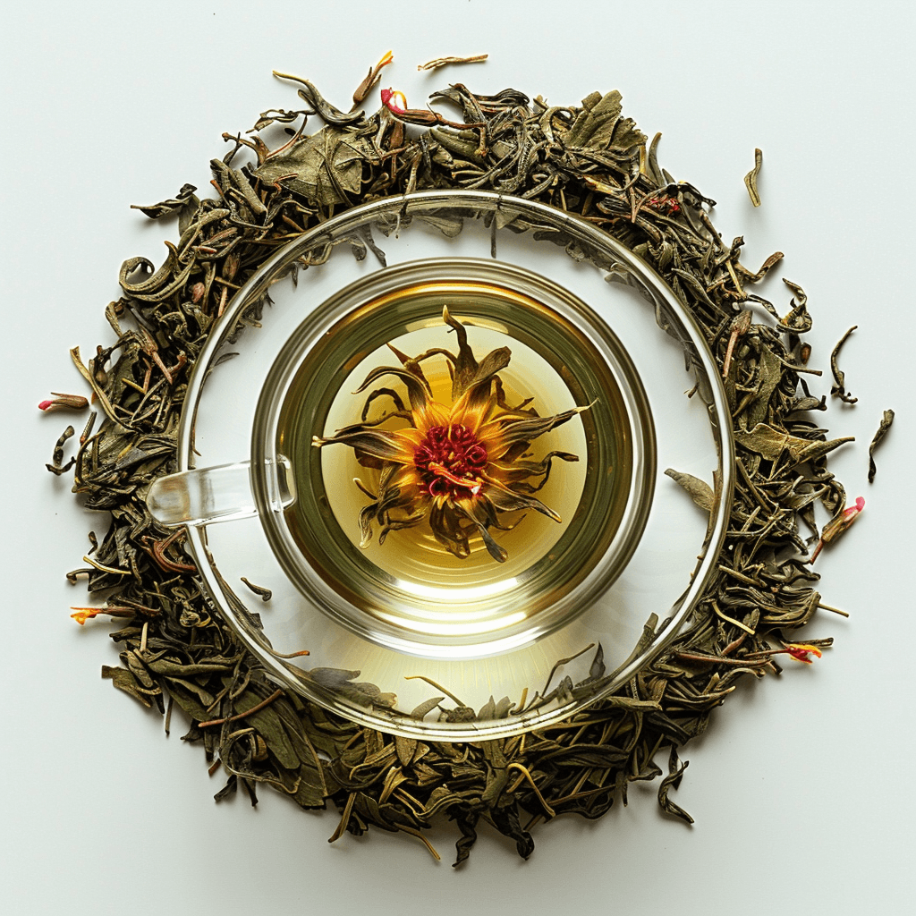a glass cup filled with a flowering tea