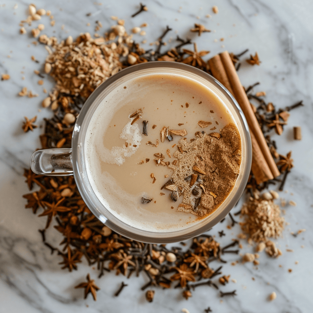 a glass cup filled with chai