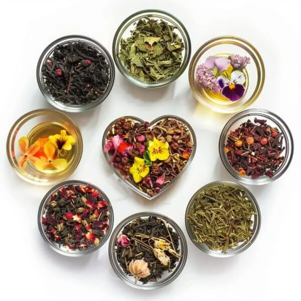 Nine glass bowls filled with various dried herbs and flowers arranged in a circle, with a heart-shaped bowl in the center.