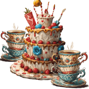 A three-tiered cake with cherries, candies, and frosting decorations, surrounded by three floral teacups on saucers.