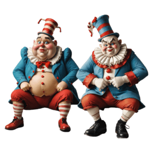 Two clowns in colorful outfits, with striped hats and red accessories, sit side by side, looking directly ahead against a plain background.