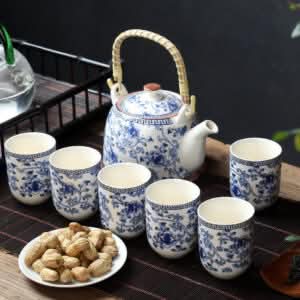Classic Blue and White Porcelain Tea Set with Traditional Border - 7-Piece Collection