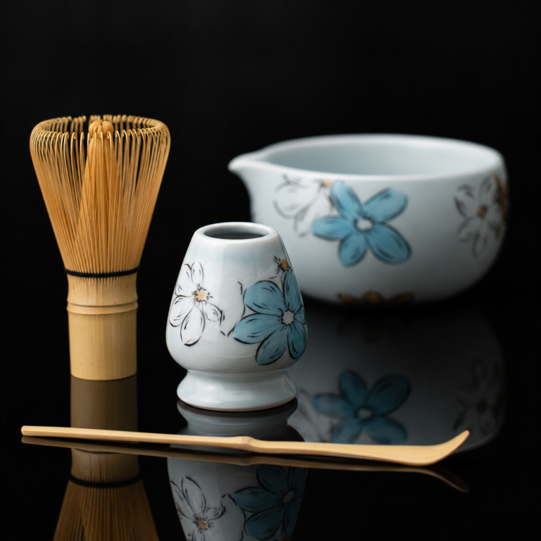 Ceramic tea bowl, bamboo whisk, ceramic whisk holder, and bamboo spoon are arranged on a reflective black surface. All ceramics feature a blue blossom design, making this matcha bowl and whisk gift set an elegant addition to your tea ritual.