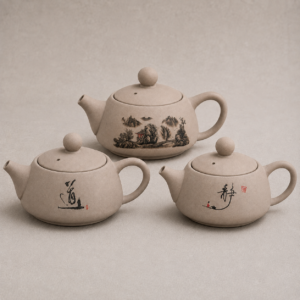 Three Quiet Moments Personal Teapot – 180ml - Tea-for-one sets, each in beige ceramic with painted black designs and Chinese characters, are arranged on a neutral background.