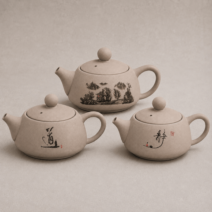 Three Quiet Moments Personal Teapot – 180ml - Tea-for-one sets, each in beige ceramic with painted black designs and Chinese characters, are arranged on a neutral background.