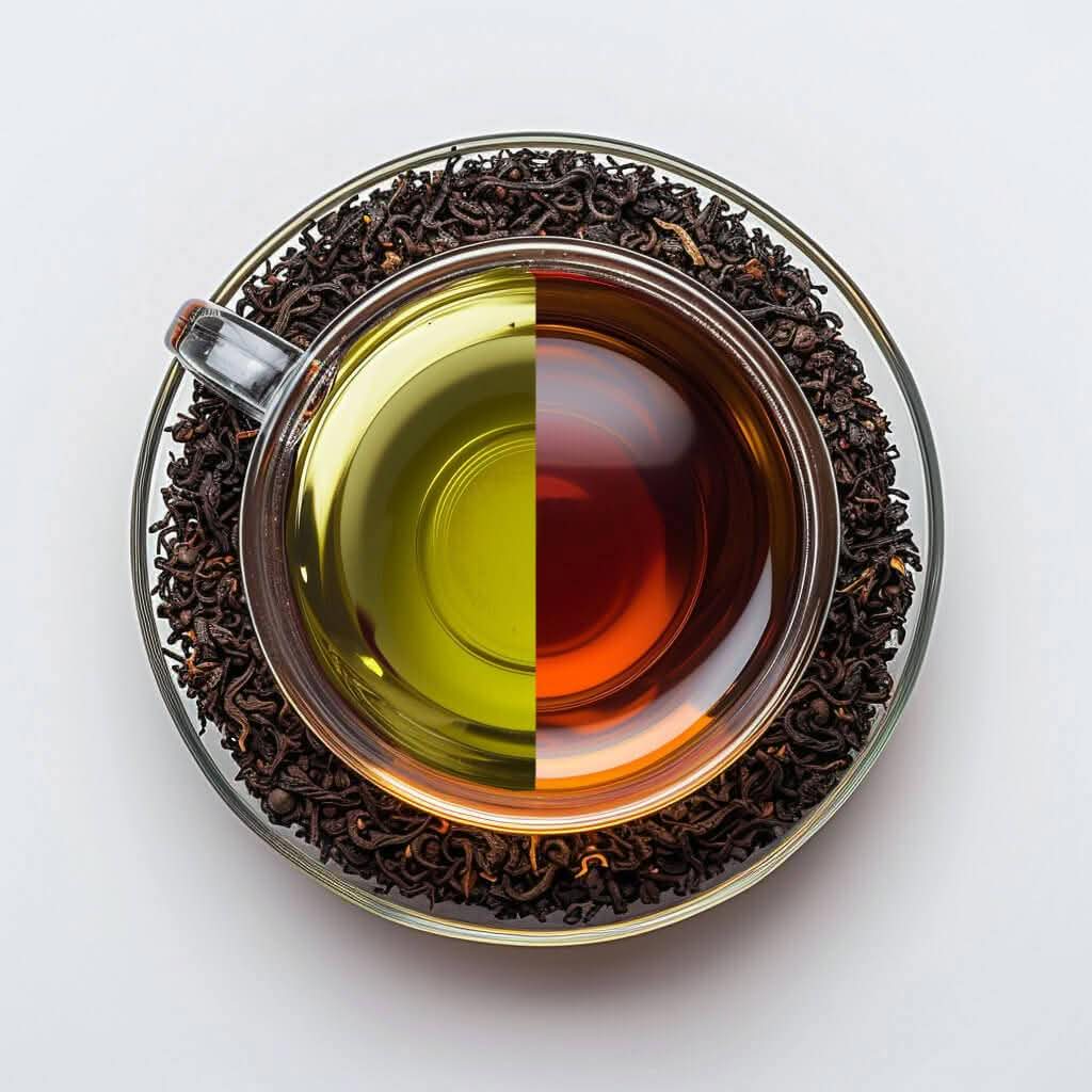 A clear glass cup is filled halfway with green tea and halfway with black tea, placed on a saucer surrounded by loose tea leaves.